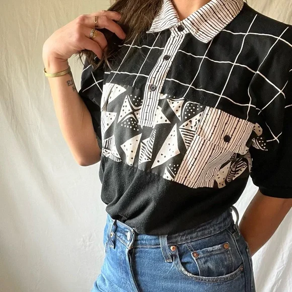 VTG collared Abstract Yacht Club Blouse - Picture 2 of 8